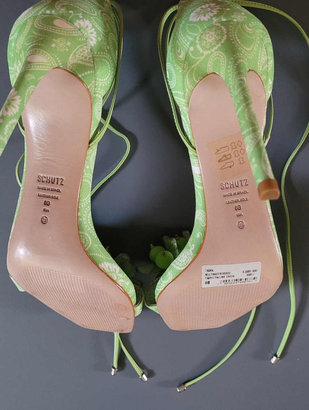 Schutz Tasha Stiletto Lace Up Lime Green Paisley Beaded Fabric Heels Women 8 - Picture 6 of 7